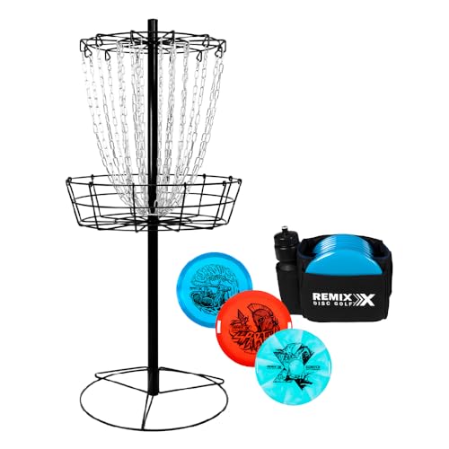Remix Double Chain Black Disc Golf Basket with Starter Bag and 3 Disc Set