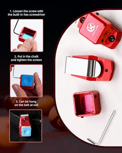 KONLLEN Magnetic Pool Chalk Holder Aluminum Alloy Belt Clip | Portable design, durable metal construction, quick access,metal cue chalk case for pool, snooker and carom - color: Red Chalk Holder+pool chalk