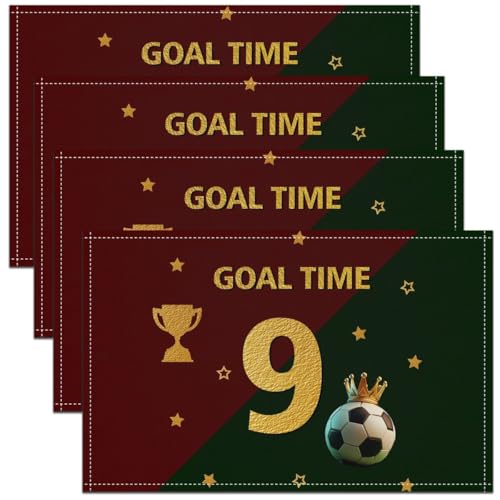 Football Kids Placemats Set of 4,Number 9 Soccer Competition Fans Table Place Mats,Ball Cup Star Sport Gaming Kitchen Decor,Red and Green Placemat Kitchen Table Decoration 12"x18" - color: Red and Green