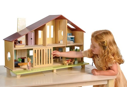 Mentari Toys - Cedar Chalet - Mid-Century Modern Dollhouse for Kids - Fully Furnished, Sustainable Rubberwood, Educational Toy for Toddlers & Preschoolers Age 3+