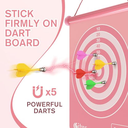 Gitus Pink Magnetic Dart Board Game for Teen Girls, 12 Soft Darts Kids Dart Set, Girls Room Wall Decor, Trendy Gift Ideas for 8-16 Year Old Teenage Girls, Safe Indoor Bedroom Play Toy