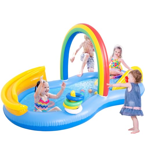 Inflatable Swimming Pool with Water Slide, Inflatable Play Center with Spray Water, Toss Ring, Ball for Outdoor Backyard Garden Water Park - size: 86.5"