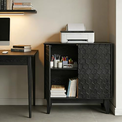 Black Sideboard Cabinet with LED Lights, 2-Door Accent Storage Cabinet with Hexagon Embossed Door, Freestanding Buffet Cabinet for Living Room, Kitchen, Entryway, 31.5" x 15.8" x 31.5"