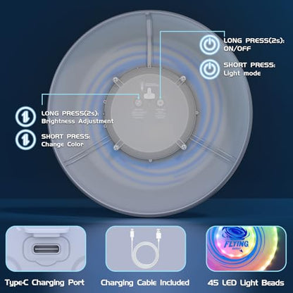 Wee Wonders 2 Pack Light Up Flying Discs for Kids Adults, 10" Rechargeable Disc with 45 LEDs, 14 Lighting Modes & 7.8" Built-in Battery Disc, Glow in The Dark Flying Ring for Beach Camping Sport Game - size: 2PCS: 10in + 7.8"