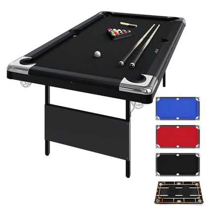 GarveeLife 6 Foot Pool Table, Folding Pool Table, Portable Billiards Tables Includes Full Set of Billiard Balls, 2 Cue Sticks, Chalk & Felt Brush for Family Game Room - color: Black