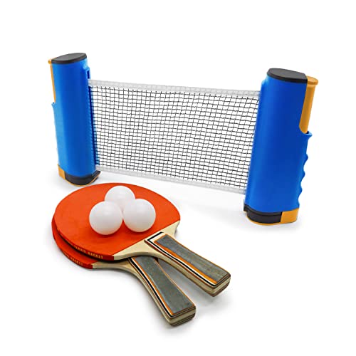 Ping Pong Set with Retractable Net, 2 Ping Pong Paddles, 3 Ping Pong Balls Portable Table Tennis Set Indoor and Outdoor Activities - color: Blue Net