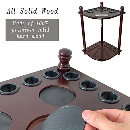 Floor Standing Pool Cue Rack Hold 8 Cue Sticks & Pool Table Accessories, Solid Wood Pool Stick Holder, Corner Pool Cue Holder with Ball Rack Hook & Scorer Counter