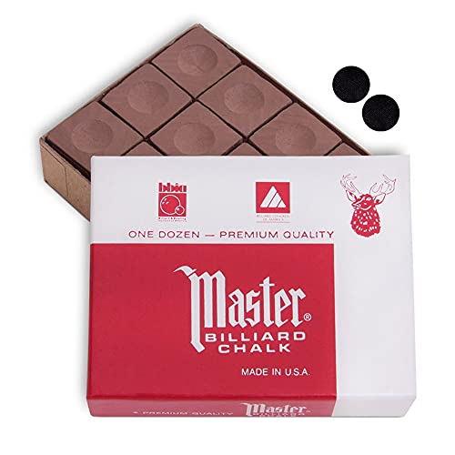 Master Billiard Pool Cue Chalk Premium Quality - 1 Dozen - Made in The USA + 2 pcs of Quality Billiard Pool Table Spots by Tweeten Fibre Co. - color: Brown