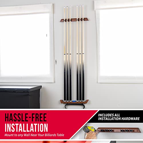 GoSports Wall Mounted Pool Cue Stick Holder - Holds 6 Cues and 2 Triangle Racks - Multiple Colors Available - style: Brown