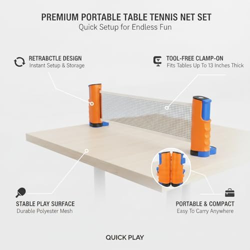 Retractable Table Tennis Net Set, Clamp-On Ping Pong Net for Standard Tables, Portable Polyester Mesh with Quick Setup - color: Orange