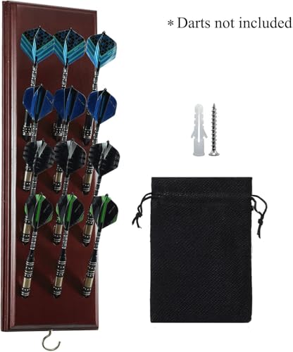 FDLS Darts Holder Wall Mounted Displays 12 or 15 Steel/Soft Tip Darts, Darts Caddy for wall with Metal Hook, Accessory Storage Bag - style: Cherry Finish Hold 12 Darts