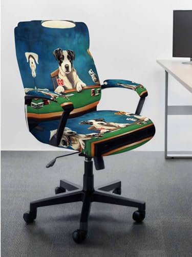 Abstract Animal Office Chair Cover with Armrest Covers, Dog Playing Poker Game Chips Blue Room Funny Universal Stretch Desk Rotating Chair Slipcovers, Removable Seat Protector with Zipper, L - color: Dark Green Brown, size: Large & 2PCS Armrest Covers