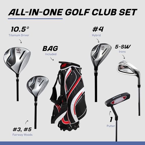 Precise S7 Men's 18-Piece Complete Golf Club Set – Titanium Driver, Fairway Woods, Hybrid, 5-SW Irons, Putter & Stand Bag, Right Handed - color: Red, size: Regular Size