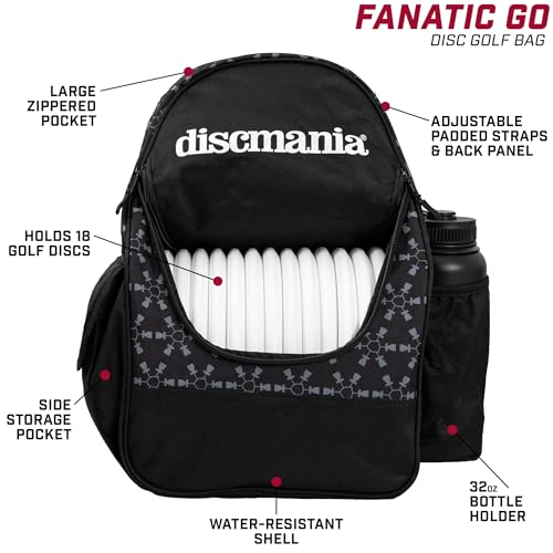 Discmania Fanatic Go Disc Golf Backpack | 18 Capacity + Top Pocket for 2 Putters | Lightweight, Durable Disc Golf Bag | Tall Side Pocket, Bottle Holder | Padded Straps & Water-Resistant Shell - color: Black
