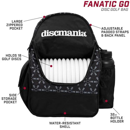 Discmania Fanatic Go Disc Golf Backpack | 18 Capacity + Top Pocket for 2 Putters | Lightweight, Durable Disc Golf Bag | Tall Side Pocket, Bottle Holder | Padded Straps & Water-Resistant Shell - color: Black