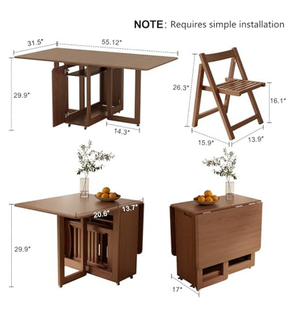 AnywaysWood Folding Dining Table with 4 Foldable Chairs Set, Space Saving Extendable Solid Wood Drop Leaf Table for Kitchen Dining Living Room Small Spaces Simple Assembly - size: 55 Inch Wood Foldable Table with 4 Chairs