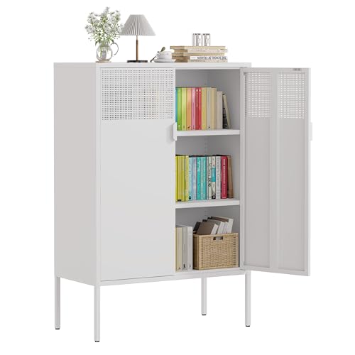 47''H White Metal Storage Cabinet with 2 Adjustable Shelves, 2 Door Accent Cabinet, 3-Tier Metal Locker with Vent Hole, TV Stand for Entryway, Home Office, Music Studio, Home Office - color: White, size: 47"H - Ventilated Doors
