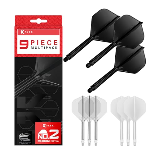 Target Darts K-Flex Integrated Dart Flights and Shafts, Kflex 9 Pack Bundle, Multipack - K Flex 3 Colours | Black, White, Clear, Red, Green, Blue, Pink, Orange, Yellow | Short, Intermediate, Medium - color: Black, White & Clear, size: Medium Stem (33mm)
