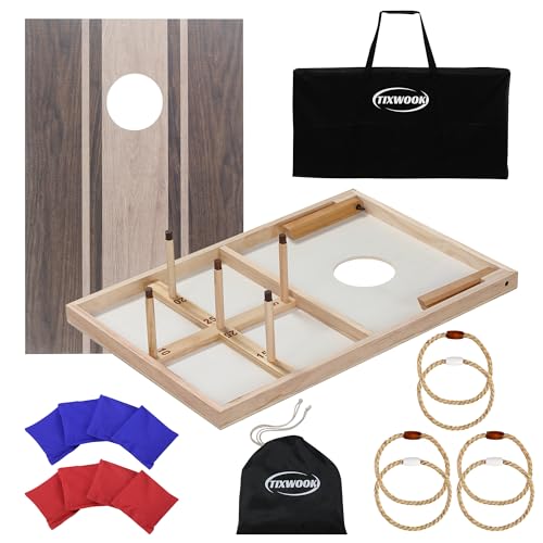 Cornhole Board Set with Ring Toss Game, Soild Wood Cornhole Game Set with 8 Bean Bags and 2 Cornhole Boards, 3x2 ft Premium Corn Hole Games for Adults and Family