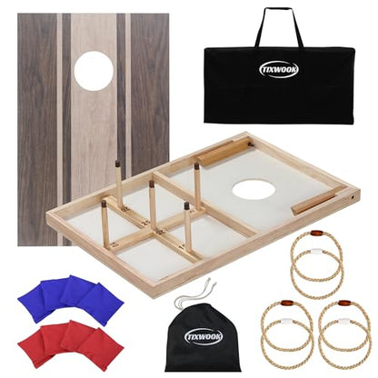 Cornhole Board Set with Ring Toss Game, Soild Wood Cornhole Game Set with 8 Bean Bags and 2 Cornhole Boards, 3x2 ft Premium Corn Hole Games for Adults and Family