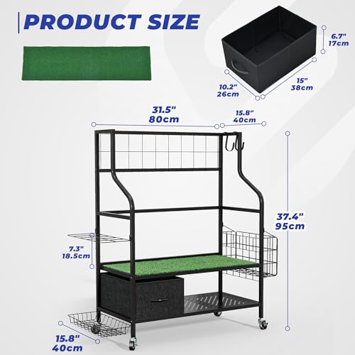 Golf Bag Organizer Storage Rack, Rolling Golf Storage Organizer for Garage, Golf Equipment Holder with Wheels, Turf Mat, Carbon Steel - size: 31.5 in (L) x 15.8 in (W) x 37.4 in (H)
