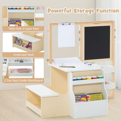INFANS 3 in 1 Kids Art Table and Chair Set, Toddler Craft and Play Wood Activity Desk with Double-Sided Easel Blackboard Whiteboard, Paper Roll for Writing, Children Furniture for Daycare Nursery - style: Natural
