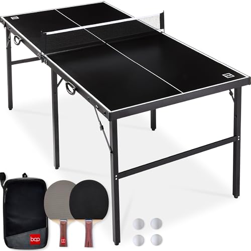 Best Choice Products Portable Ping Pong Table, Mid-Size Folding Indoor Outdoor Table Tennis w/ 2 Paddles, 4 Balls Included, Carrying Bag - color: Black