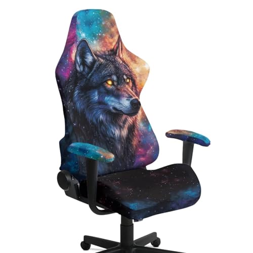 Wolf Galaxy Print Computer & Gaming Chair Slipcover Dust-Proof Elastic Game Chair Cover with Armrest Covers Easy to Install Universal Fit Office Desk & Racing Computer Gamer Chairs - color: Multi - Wolf Galaxy