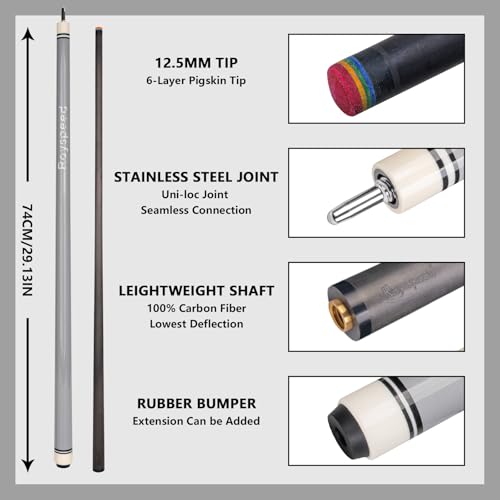 Carbon Fiber Pool Cue Stick 12.5mm Low Deflection Full Carbon Technology Pool Stick for Adults Professional Billiard Cue with Uni-loc Pin Joint - color: Grey