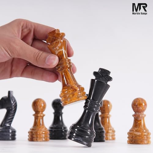 Marble Chess Pieces 3.5 Inch King Handmade Black and Dark Brown 32 Chess Figures for Board Games, Suitable for Travel Games - color: Black and Dark Brown