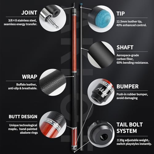 AKLOT Carbon Fiber Pool Cue Stick 58", Billiard Cue Sticks 19-19.5oz, Low Deflection Billiard Stick with 12.5mm Tip, Professional Carbon Fiber Pool Sticks for Adults - color: Bronze Labyrinth