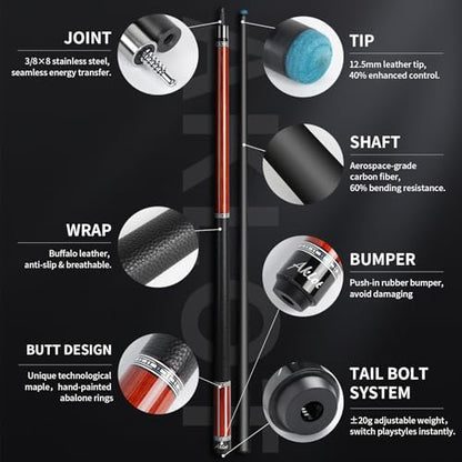 AKLOT Carbon Fiber Pool Cue Stick 58", Billiard Cue Sticks 19-19.5oz, Low Deflection Billiard Stick with 12.5mm Tip, Professional Carbon Fiber Pool Sticks for Adults - color: Bronze Labyrinth