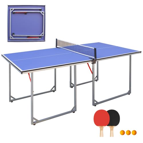 Table Tennis Table Mid-Size, Foldable Ping Pong Table Top Full Size with 2 Paddles, 2 Balls, 1 Net & 4 Wheels, Folding Table Tennis for Indoor & Outdoor, Quick Assembly to Support Multiplayer - size: 6ft