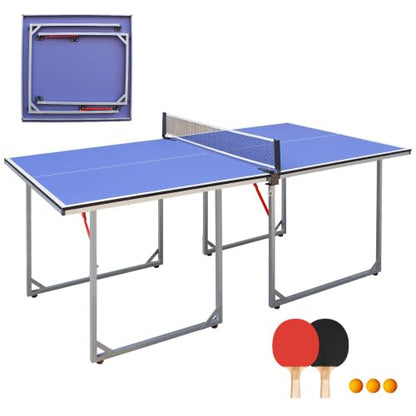 Table Tennis Table Mid-Size, Foldable Ping Pong Table Top Full Size with 2 Paddles, 2 Balls, 1 Net & 4 Wheels, Folding Table Tennis for Indoor & Outdoor, Quick Assembly to Support Multiplayer - size: 6ft
