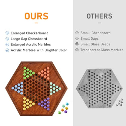 15" Large Upgraded Wooden Chinese Checkers Board Game, 16mm 60+12 Colorful Marbles, Easy Grasp, Storage Drawer, Perfect for Family Gathering