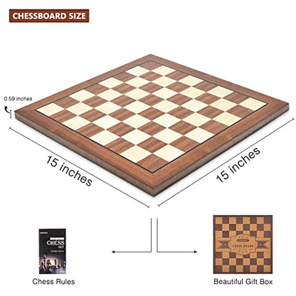 AMEROUS 15'' x 15'' Wooden Chess Board No Pieces, Professional Tournament Chessboard Only with Gift Package - Chess Rules, Portable Chess Board for Beginners, Kids, Adults