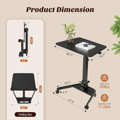 Foldable Mobile Standing Desk, Pneumatic Height Adjustable Rolling Sit Stand Desk, 90° Tiltable Portable Laptop Cart on Wheels, Mobile Desk Workstation for Home Office, Easy to Fold - color: Black