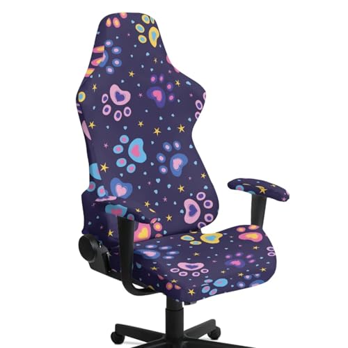 Dog Paw Print Game Chair Cover with Armrest Covers Soft Comfy Breathable Computer & Gaming Chair Slipcover for Swivel Rotating Chairs, 4Pc/Set - color: Purple - Dog Paw
