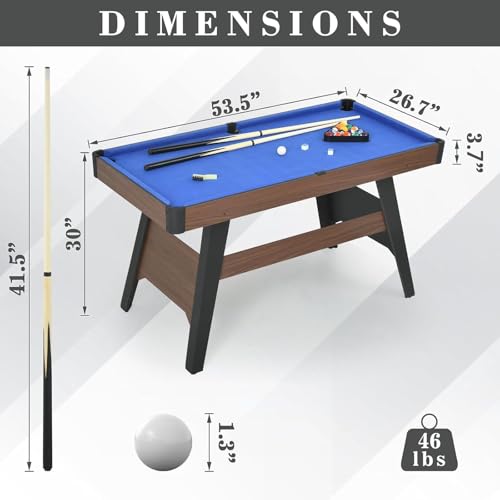 Pool Table Set with 2 Sticks 16 Balls Triangle Chalk Brush, Portable Wooden Billiards Game Table for Kids, Indoor Family Party Game Room and Playroom Fun - color: 54 Inch-blue