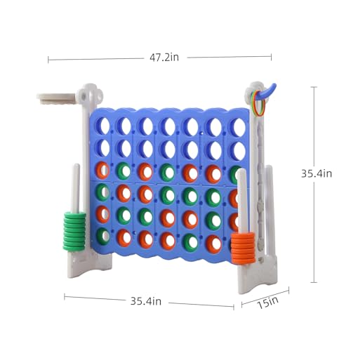 UNICOO Jumbo 4-in-a-Row Game Set, Height Adjustable Indoor Outdoor Yard Game with Basketball Hoop, Ring Toss & Carrying Bag, Family Party Lawn Game for Kids and Adults - color: Blue & White