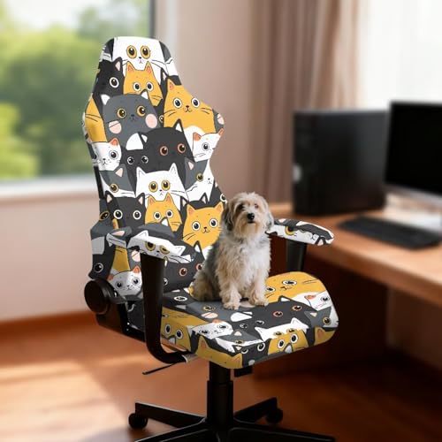 Suobstales Cat Pattern Gaming Chair Cover Cat Scratch Proof Gaming Chair Slipcovers with Armrest, Stretchable Waterproof Office Desk & Racing Chair Cover, Universal Fit for Computer Gamer Chairs - color: Cat