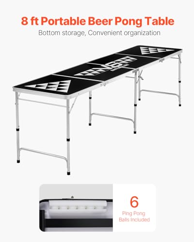 VEVOR 8 Foot Portable Beer Pong Table, Carrying Handles and 6 Pong Balls, Adjustable Height, Lightweight Table for Office, Tailgate Party, Travel and Camping, Black
