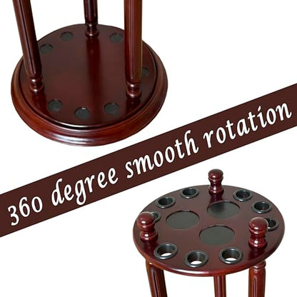 Revolving Billiard Cue Rack, Pool Stick Holder Floor Stand holds 9 Pool Table Sticks, Made of 100% Solid Wood (Mahogany) - color: Mahogany