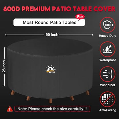 Zettum Round Patio Table Cover 90 Inch - 600D Outdoor Furniture Cover Round Waterproof & Heavy Duty, Large Lawn Furniture Set Covers for Outside Dining Table and Chairs Seating - 90 x 90 x 28 Inch - size: 1) Round - 90"D x 28"H