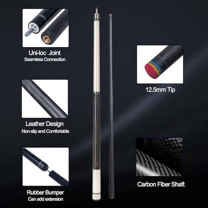 Carbon Fiber Pool Cue Stick 12.5mm Rainbow Tip Low Deflection Pool Stick with Uni-loc Pin Joint and Extension Pool Stick-20 oz - color: White-Pro