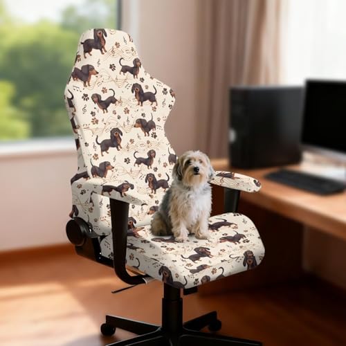 Suobstales Dachshund Paw Music Note Pattern Gaming Chair Covers Slipcovers, Office Chair Covers with Armrest Covers, 4Pc/Set Durable Stretchable Elastic Computer Chair Cover for Anti Cat Scratch - color: Dachshund Paw Music Note