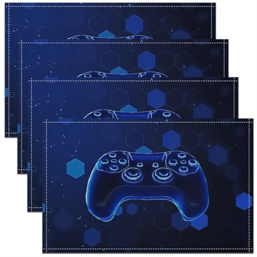 Erosebridal Gamepad 4 PCS of Placemats 12x18 Video Game Place Mat for Dining Table Boys Neon Lights Modern Non Slip Table Mats Dark Blue Geometric 3D - color: Dark Blue