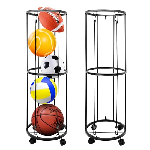 Garage Ball Storage Rack, Wall-Mounted Basketball Holder, Vertical Ball Rack for Soccer Volleyball Football Basketball, Space-Saving Sports Ball Storage Organizer for Garage & Home - size: 2 layer with Wheels
