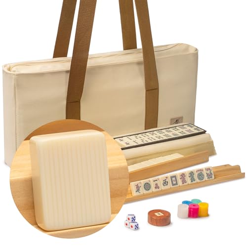 Yellow Mountain Imports American Mahjong Set, "Ivory Stripes” - 166 Tiles with Beige Soft Case, Wooden Racks with Pushers, Scoring Coins, Dice, & Wind Indicator - color: Ivory Stripe