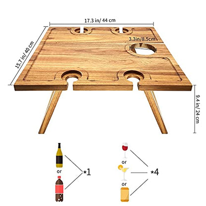 SASIDO Portable Wine Picnic Table, Acacia Wood, Larger Tray Foldable, Charcuterie Board, Wine Gift, Decor for Romantic Camping, Engagement Party, Concerts, Glamping, Winter Adventure